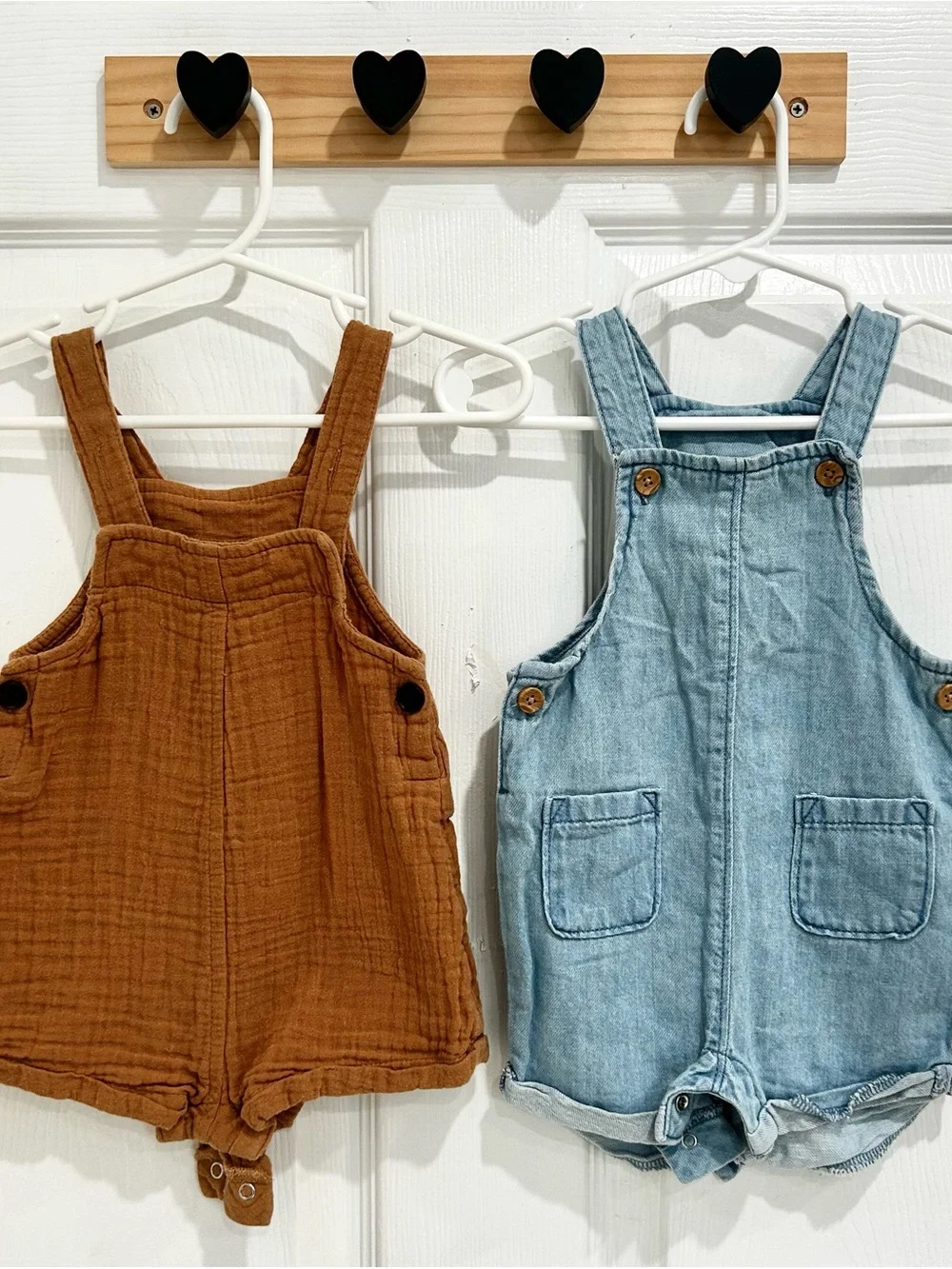 Old Navy Set of 2 Baby Overall Shorts Rompers 3-6 mo - Brown Muslin and Chambray
